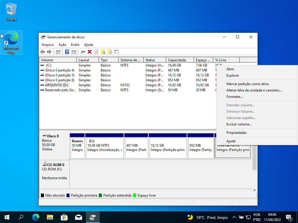Tela do gerenciador de disco do Windows 2