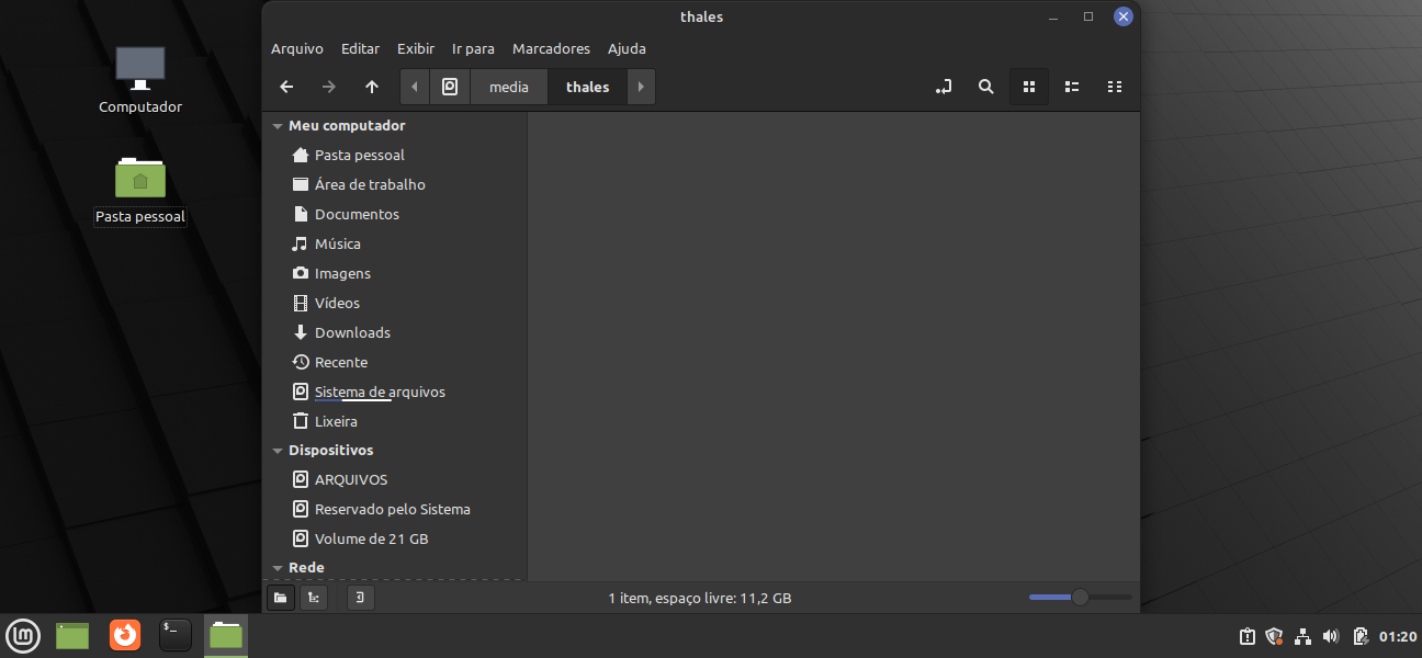 Tela do gerenciador de arquivos do Linux