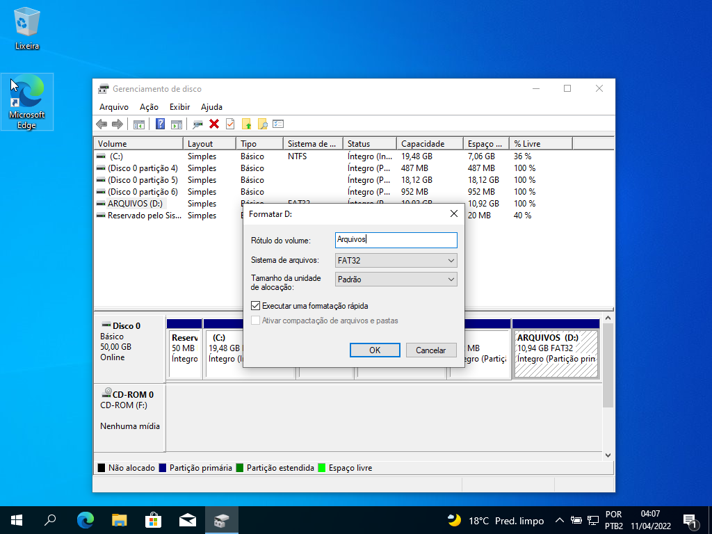 Tela do gerenciador de disco do Windows 3