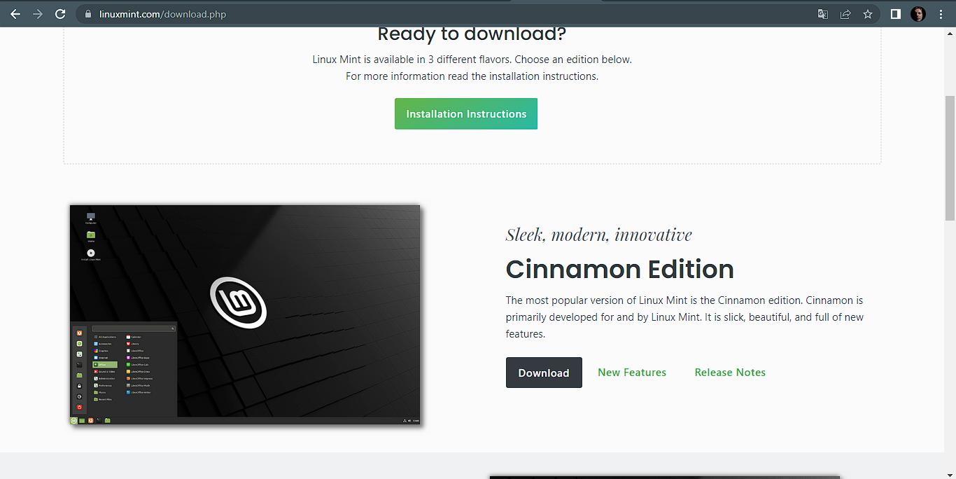 Tela do site de Download Linux Mint