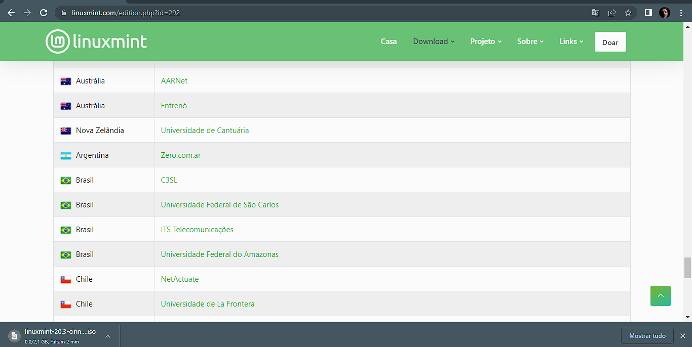 Tela do lugar para baixar a ISO do Linux Mint
