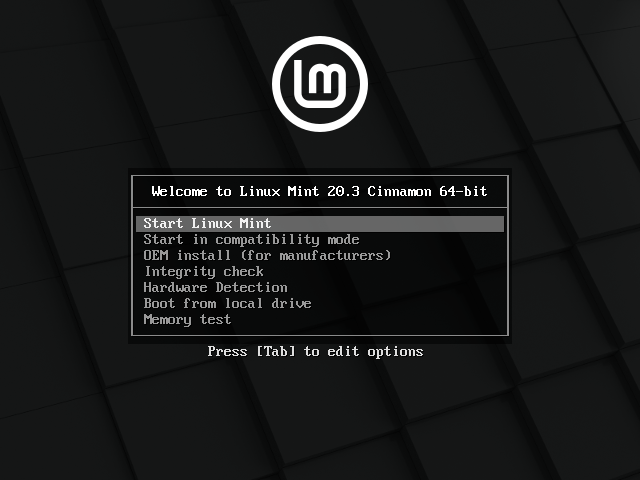 Tela da página de opções Linux Mint