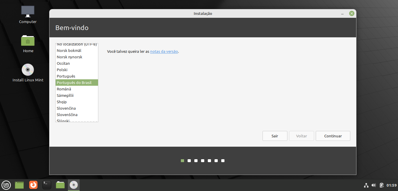 Tela para selecionar o idioma do Linux Mint
