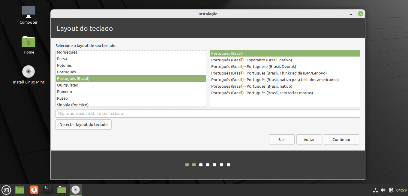 Tela para selecionar o layout do teclado do Linux Mint