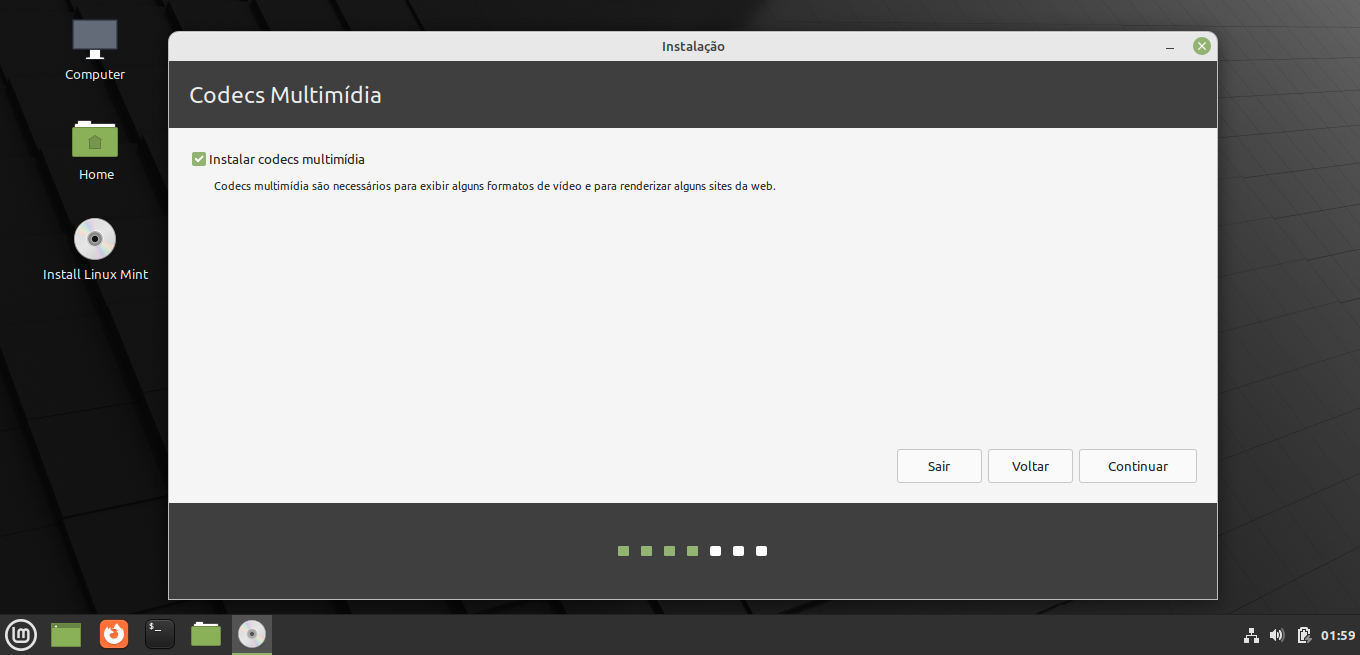 Tela de Codecs de multimídia do Linux Mint