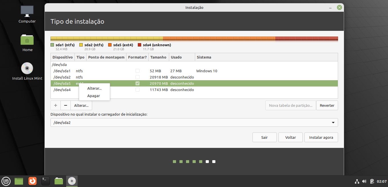 Tela de onde instalar o Linux Mint com o menu de opções da partição selecionada do Linux Mint 1