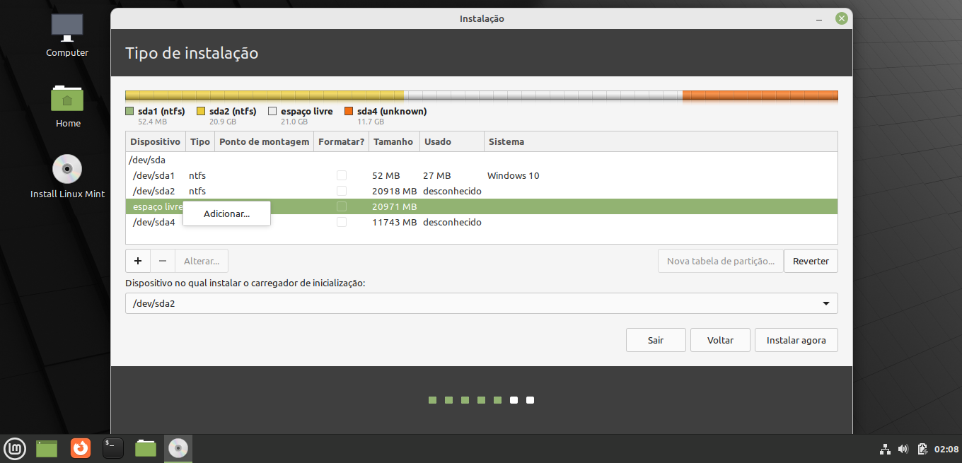 Tela de onde instalar o Linux Mint com o menu de opções da partição selecionada do Linux Mint 2