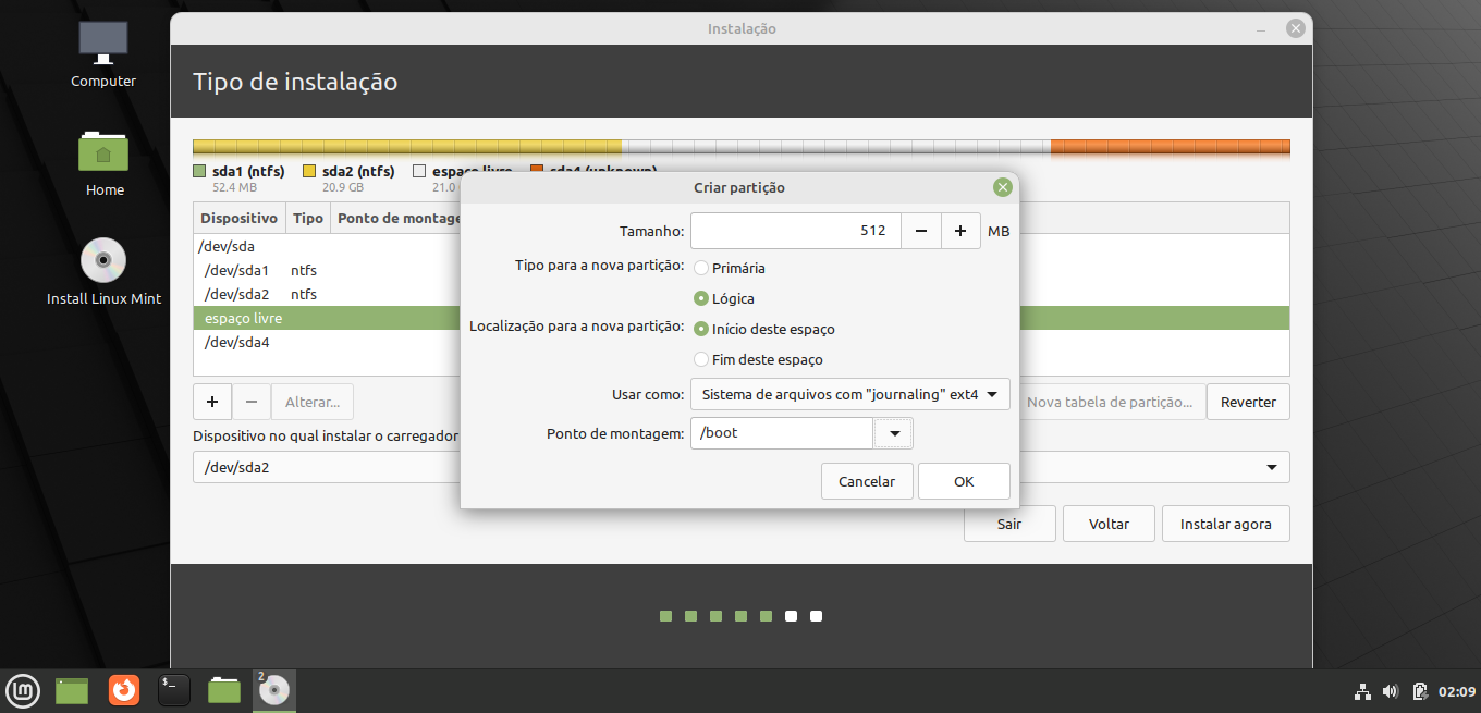 Tela de criar partição boot no Linux Mint