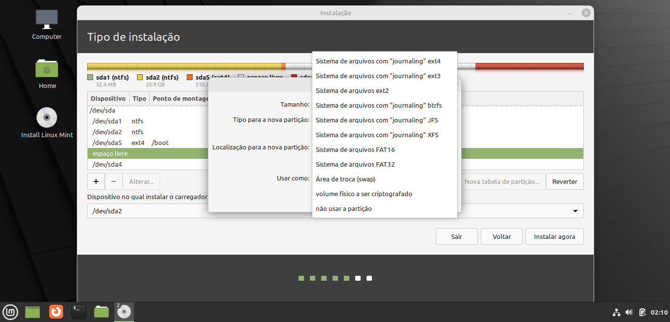 Tela de selecionar ponto de montegem do Linux Mint