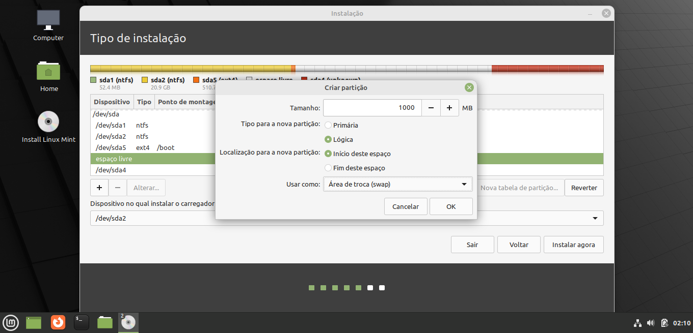 Tela de criar partição swap no Linux Mint