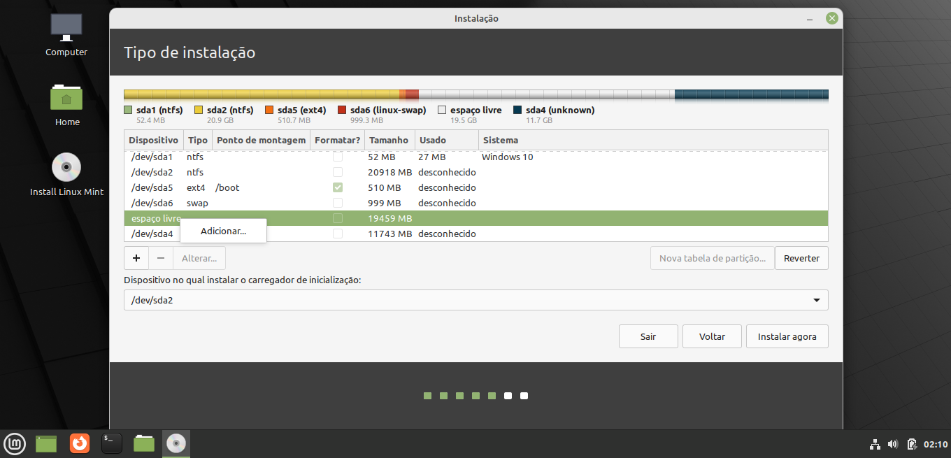 Tela de onde instalar o Linux Mint com o menu de opções da partição selecionada do Linux Mint