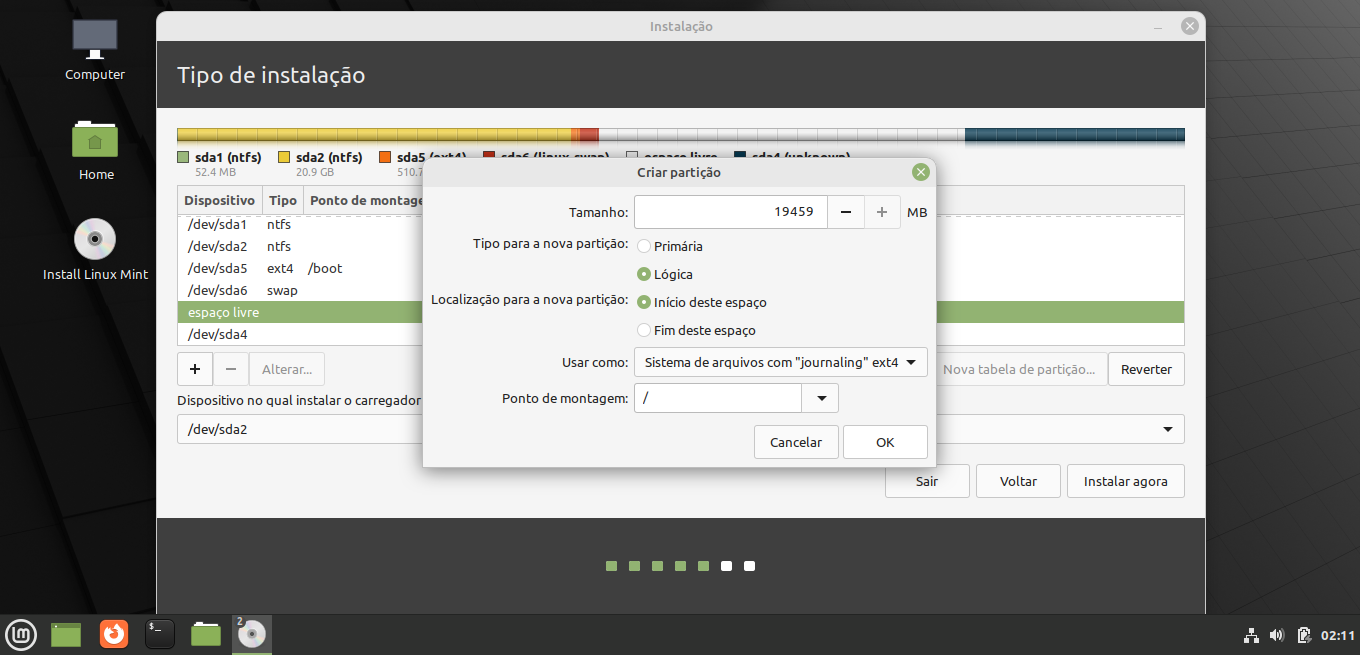 Tela de criar partição para instlar a ISO Linux Mint