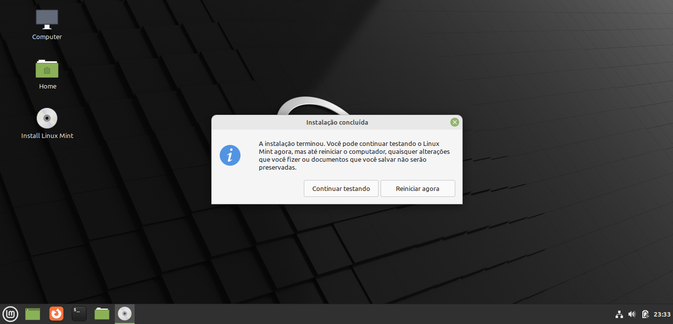 Tela para selecionar uma opcção após a instalação do Linux Mint