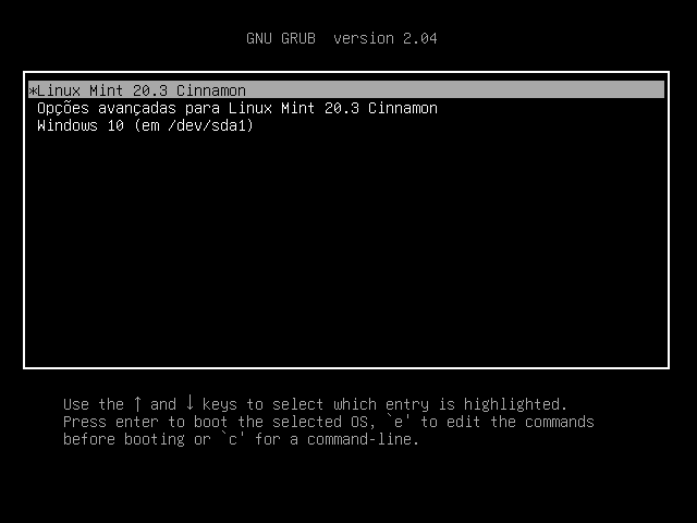 Tela do Grub do Linux Mint