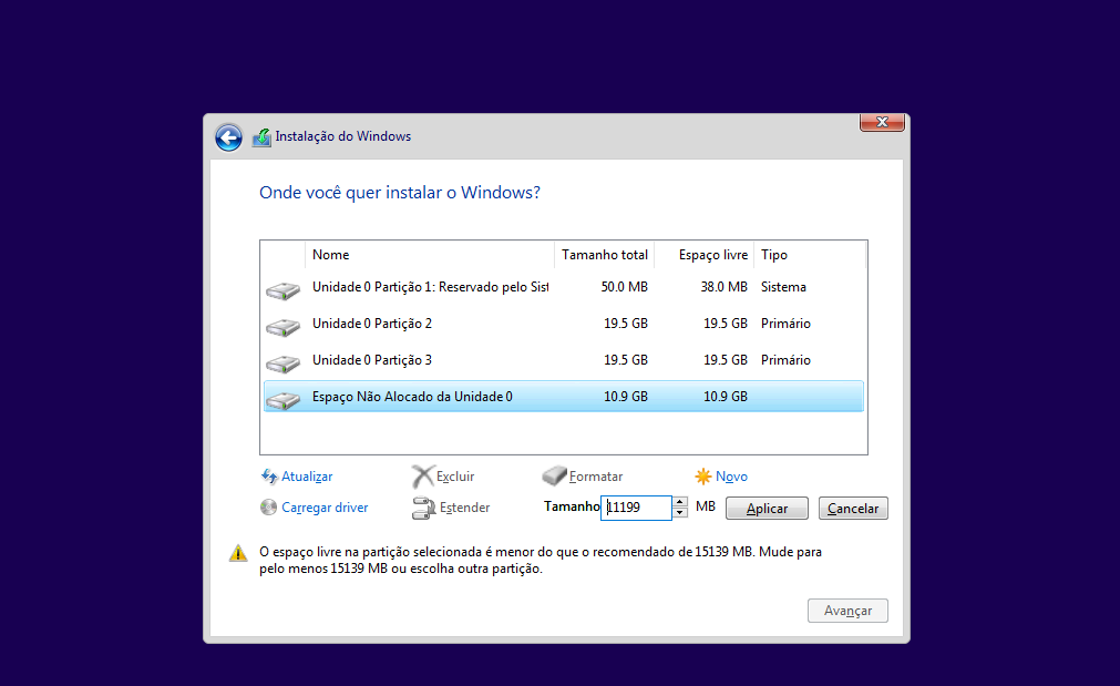 Tela de partição do Windows, Linux e arquivos