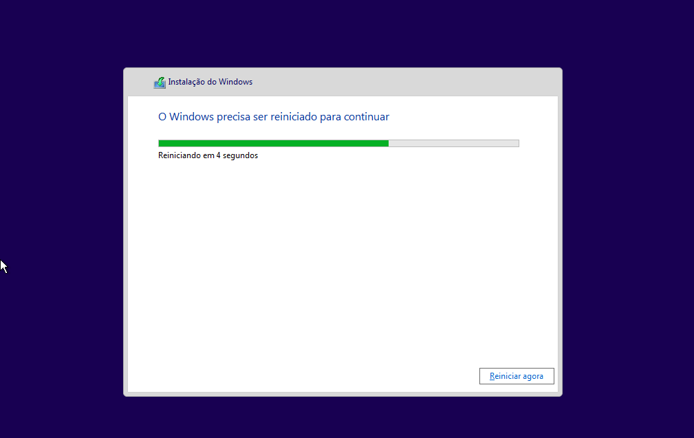 Tela do Windows segundos antes da reinicialização