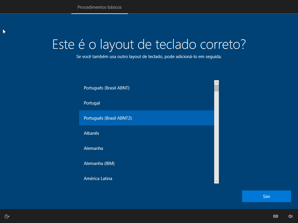 Tela de selecionar o tipo de teclado do Windows