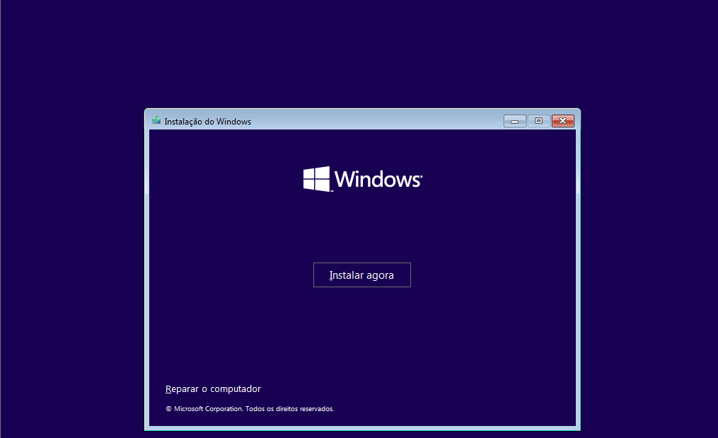 Tela para instalar o Windows