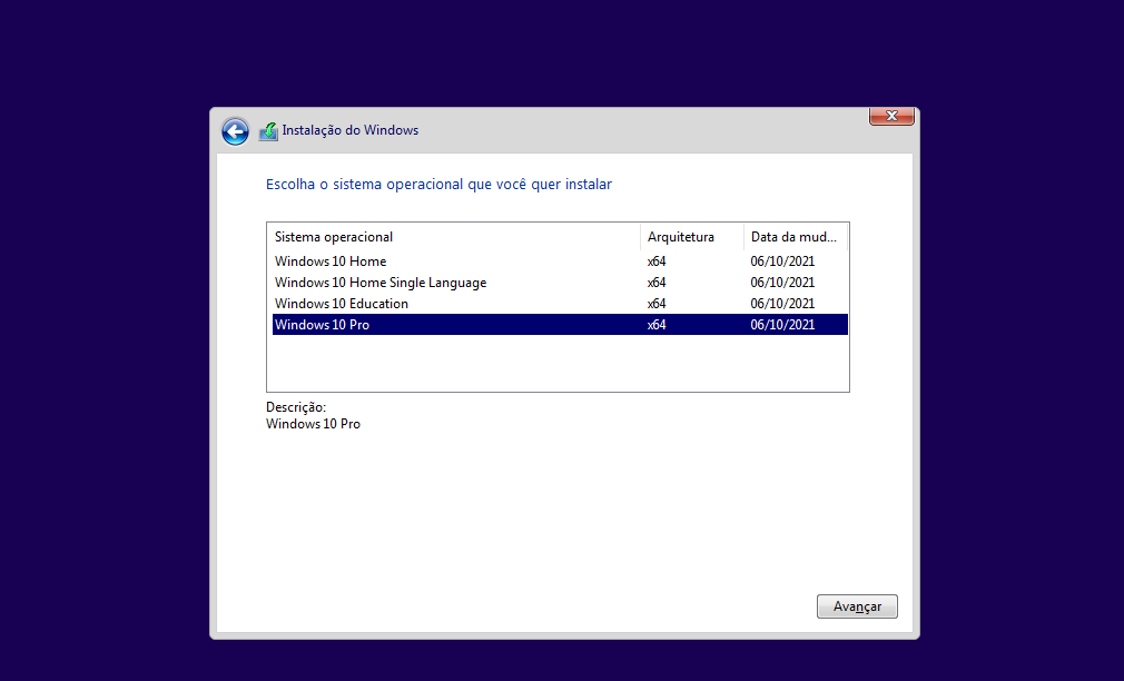 Tela de selecionar a versão do Windows