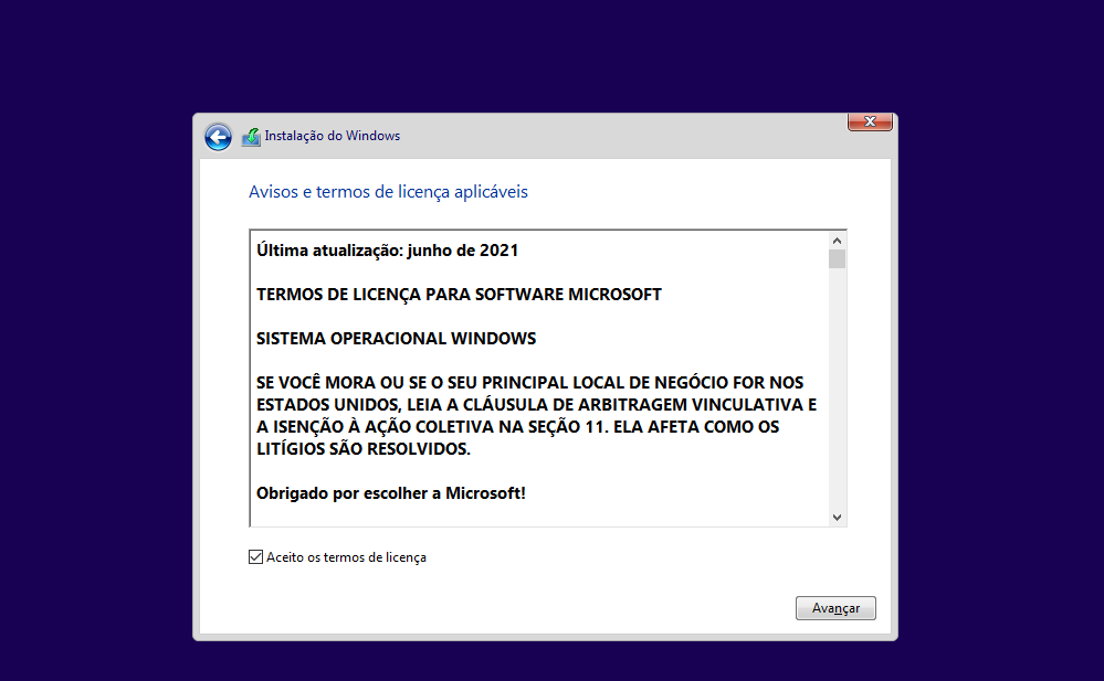 Tela de linceças do Windows