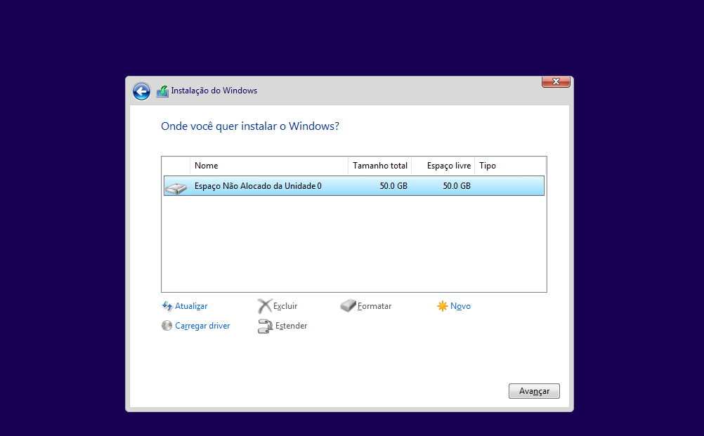Tela de onde instalar o Windows