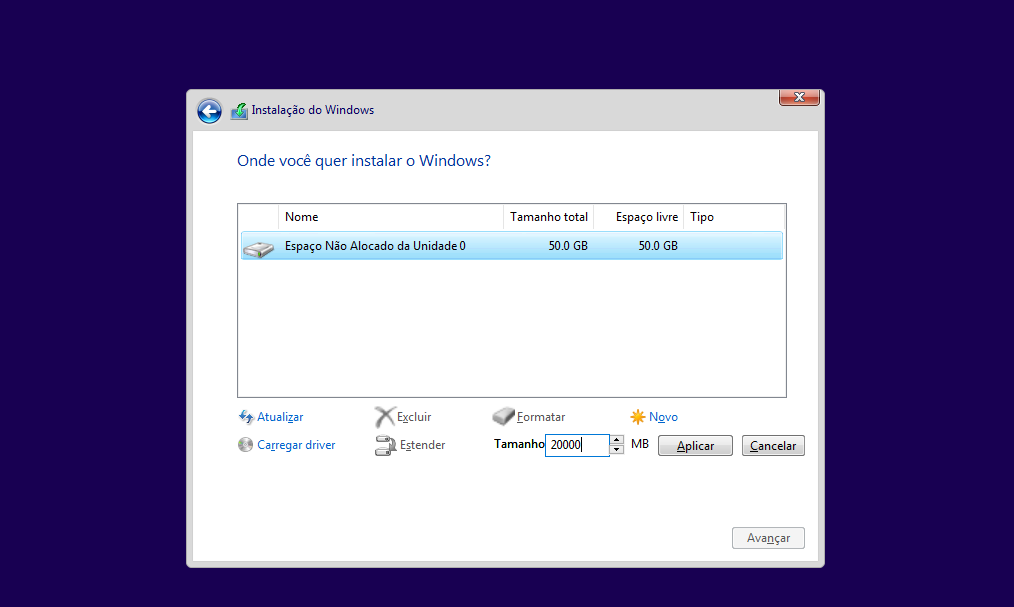 Tela de tamanho da partição do Windows