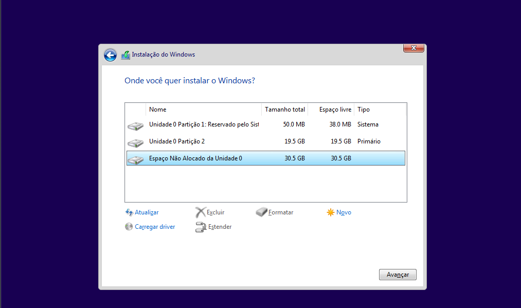Tela de partição do Windows e espaço restante