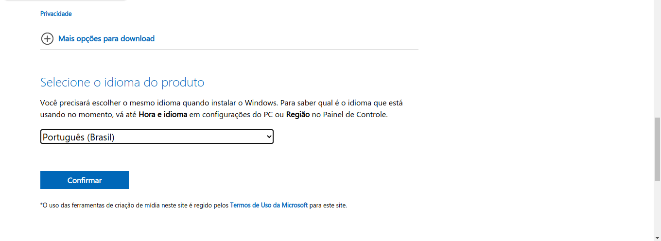 Tela do site de Download do Windows no Linux 2