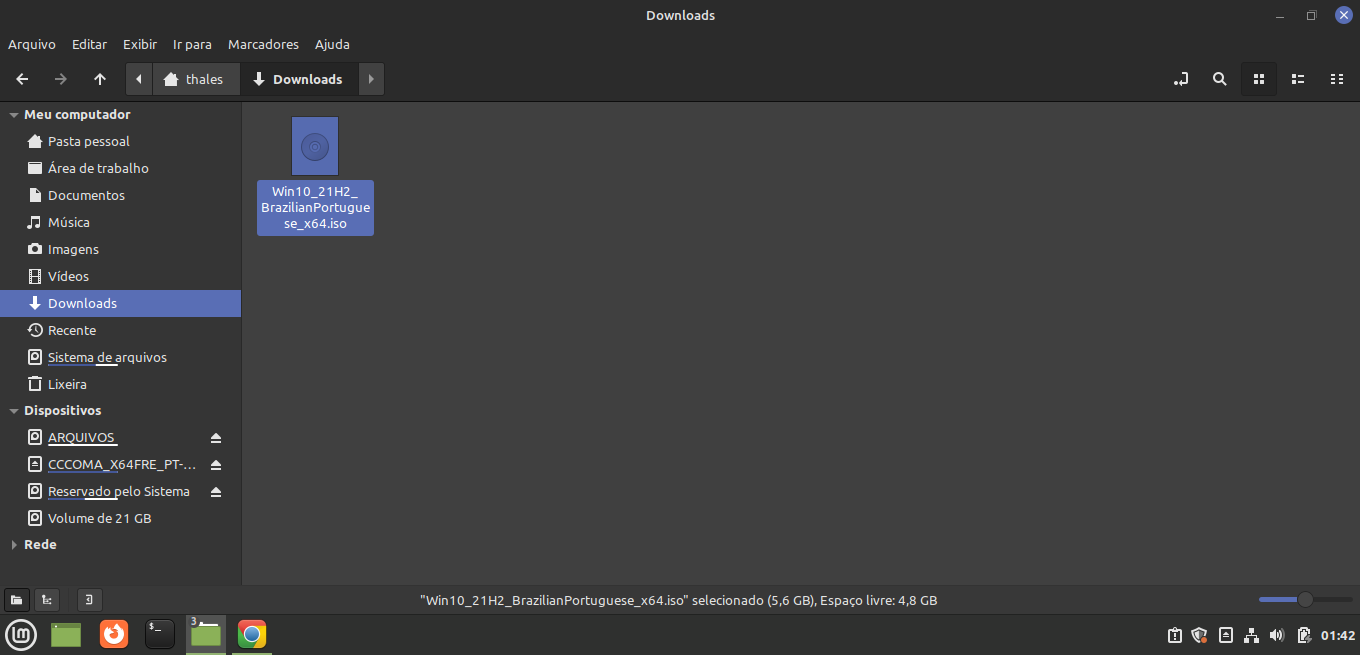 Tela do gerenciador de arquivos do Linux