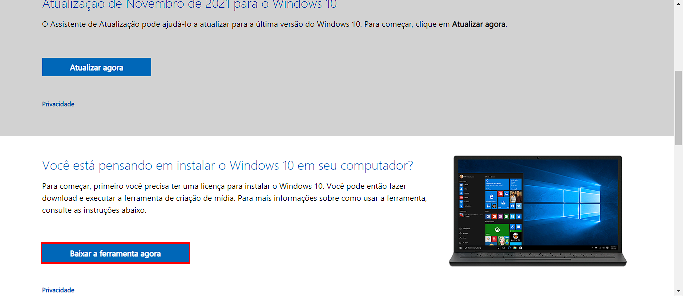 Tela para baixar ferramenta do site da Microsoft