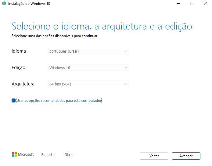 Tela da ferramenta de baixar imagem de disco da Microsoft 2